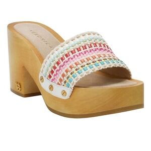 Veronica Beard Hannalee Woven Clog Mule Women 9.5M Snow Multi Rainbow Wood Heel